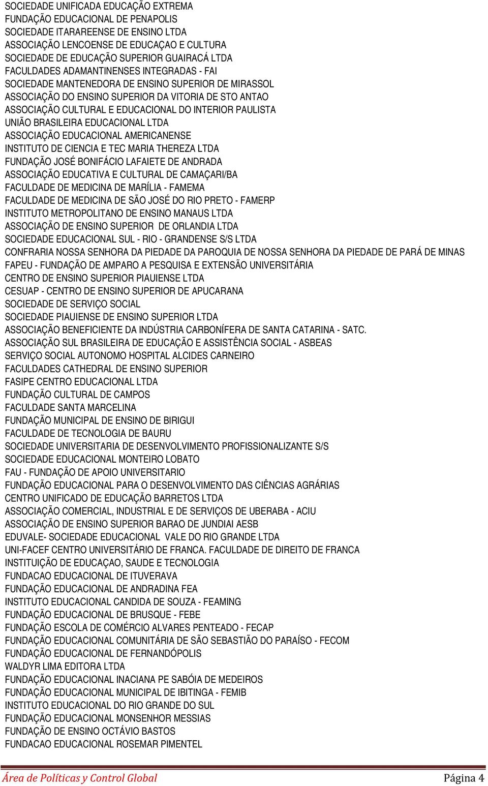 PAULISTA UNIÃO BRASILEIRA EDUCACIONAL LTDA ASSOCIAÇÃO EDUCACIONAL AMERICANENSE INSTITUTO DE CIENCIA E TEC MARIA THEREZA LTDA FUNDAÇÃO JOSÉ BONIFÁCIO LAFAIETE DE ANDRADA ASSOCIAÇÃO EDUCATIVA E