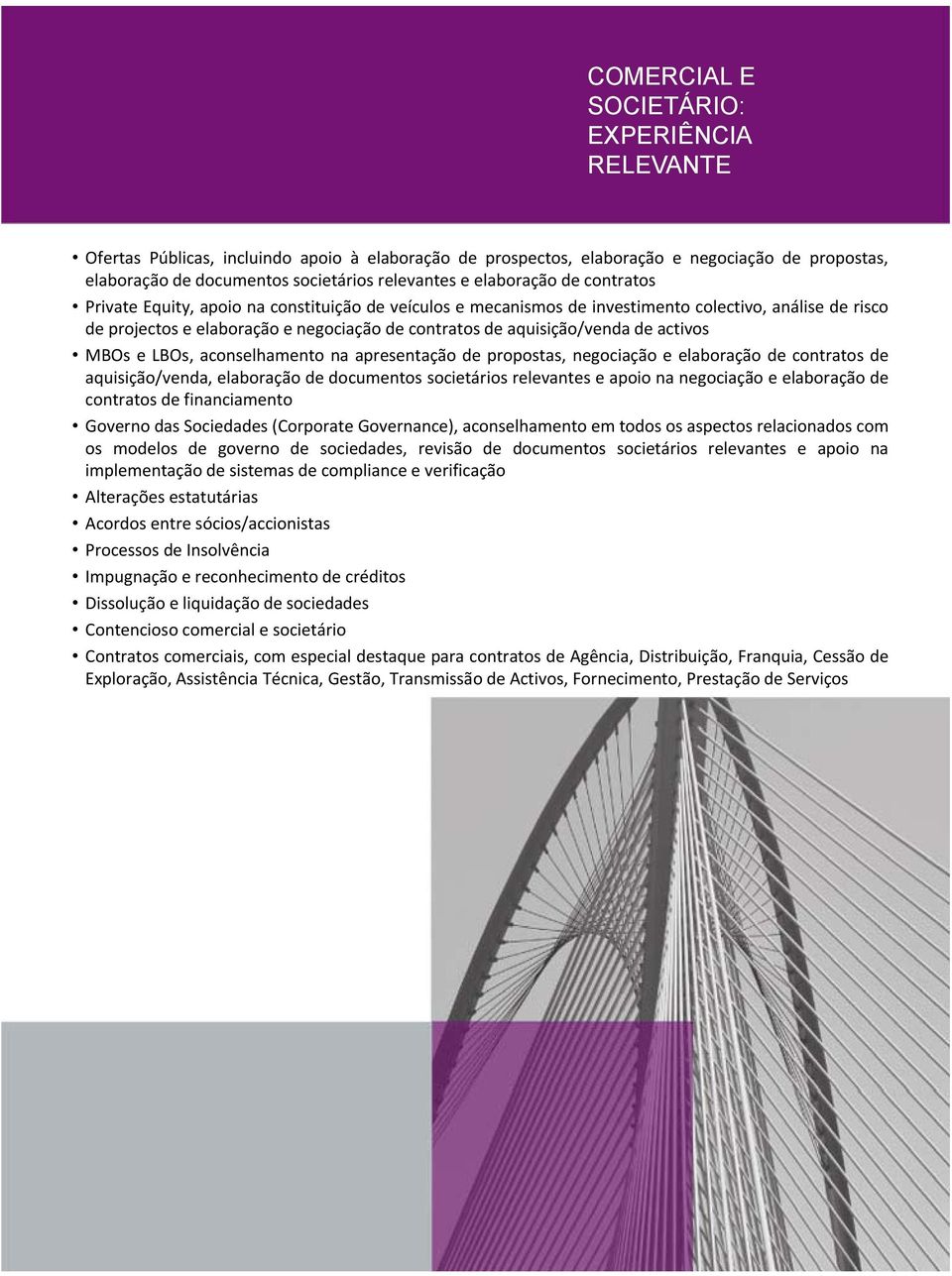 aquisição/venda de activos MBOs e LBOs, aconselhamento na apresentação de propostas, negociação e elaboração de contratos de aquisição/venda, elaboração de documentos societários relevantes e apoio