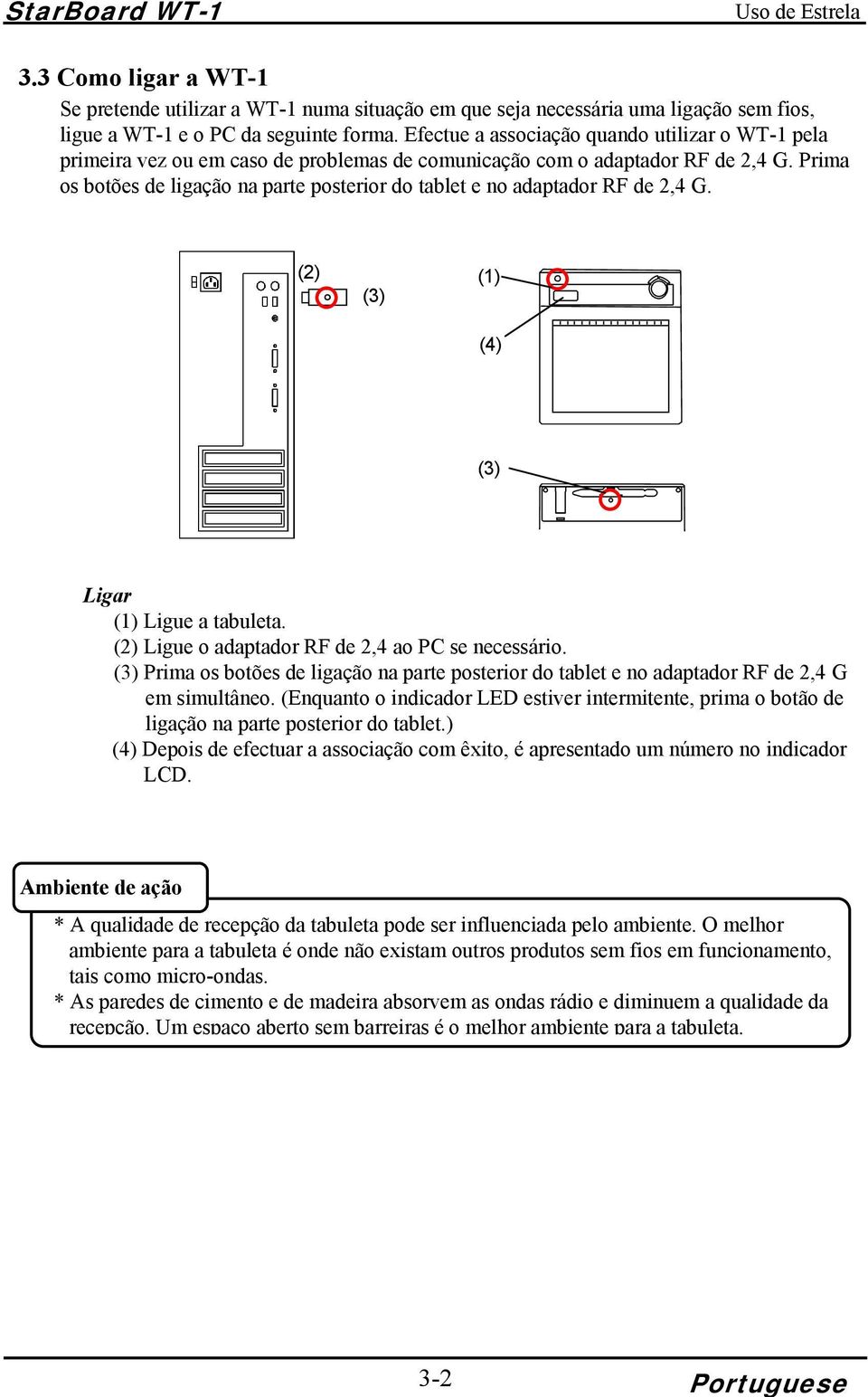 Prima os botões de ligação na parte posterior do tablet e no adaptador RF de 2,4 G. (2) (3) (1) (4) (3) Ligar (1) Ligue a tabuleta. (2) Ligue o adaptador RF de 2,4 ao PC se necessário.