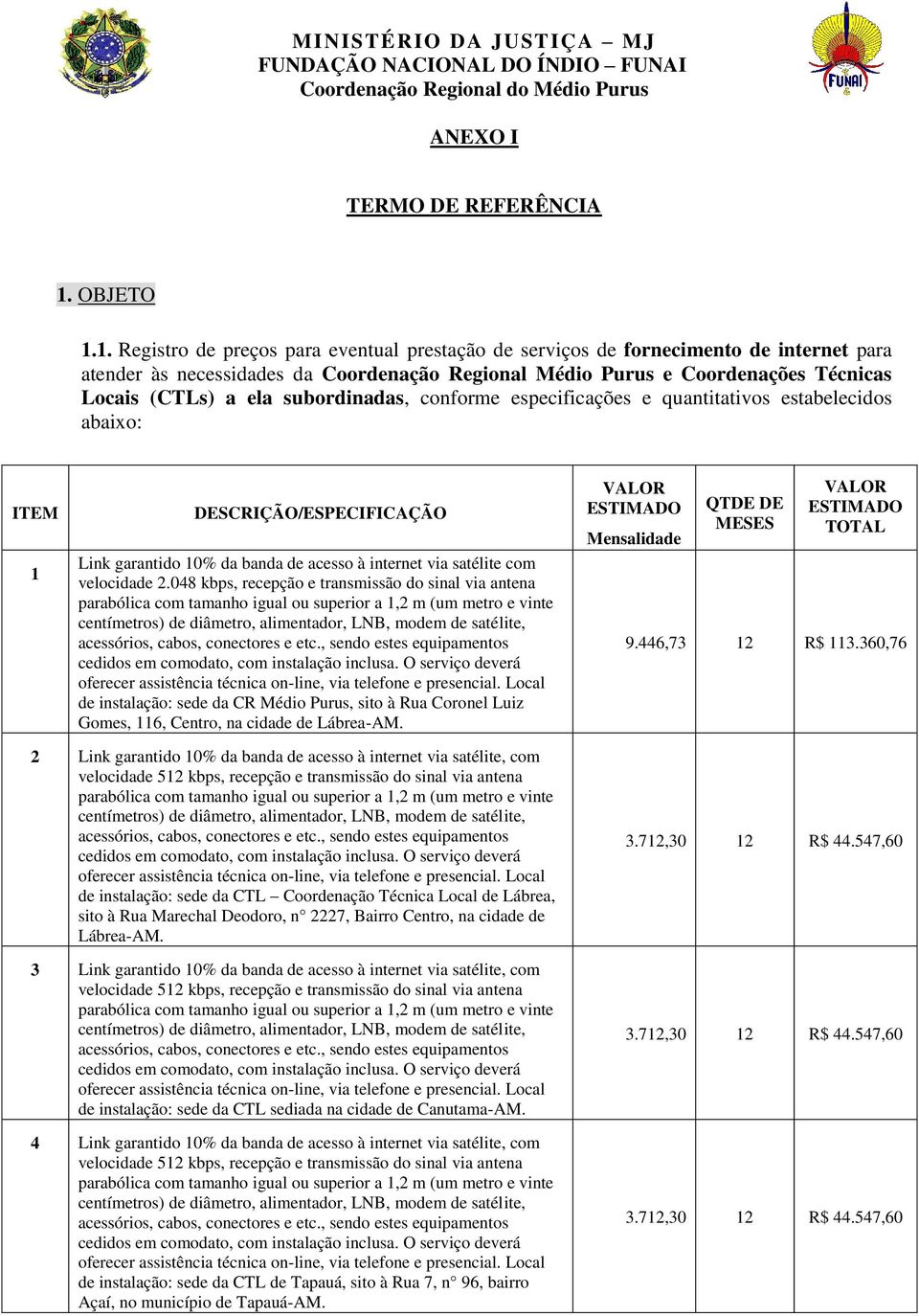 1. Registro de preços para eventual prestação de serviços de fornecimento de internet para atender às necessidades da Coordenação Regional Médio Purus e Coordenações Técnicas Locais (CTLs) a ela