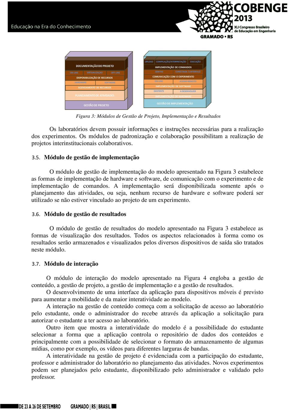 Módulo de gestão de implementação O módulo de gestão de implementação do modelo apresentado na Figura 3 estabelece as formas de implementação de hardware e software, de comunicação com o experimento