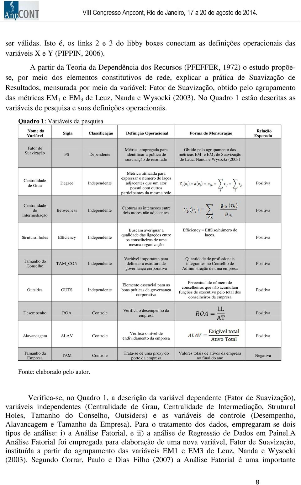 variável: Fator de Suavização, obtido pelo agrupamento das métricas EM 1 e EM 3 de Leuz, Nanda e Wysocki (2003). No Quadro 1 estão descritas as variáveis de pesquisa e suas definições operacionais.