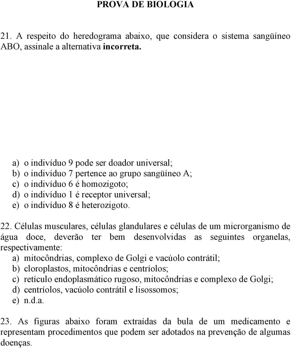 Células musculares, células glandulares e células de um microrganismo de água doce, deverão ter bem desenvolvidas as seguintes organelas, respectivamente: a) mitocôndrias, complexo de Golgi e vacúolo