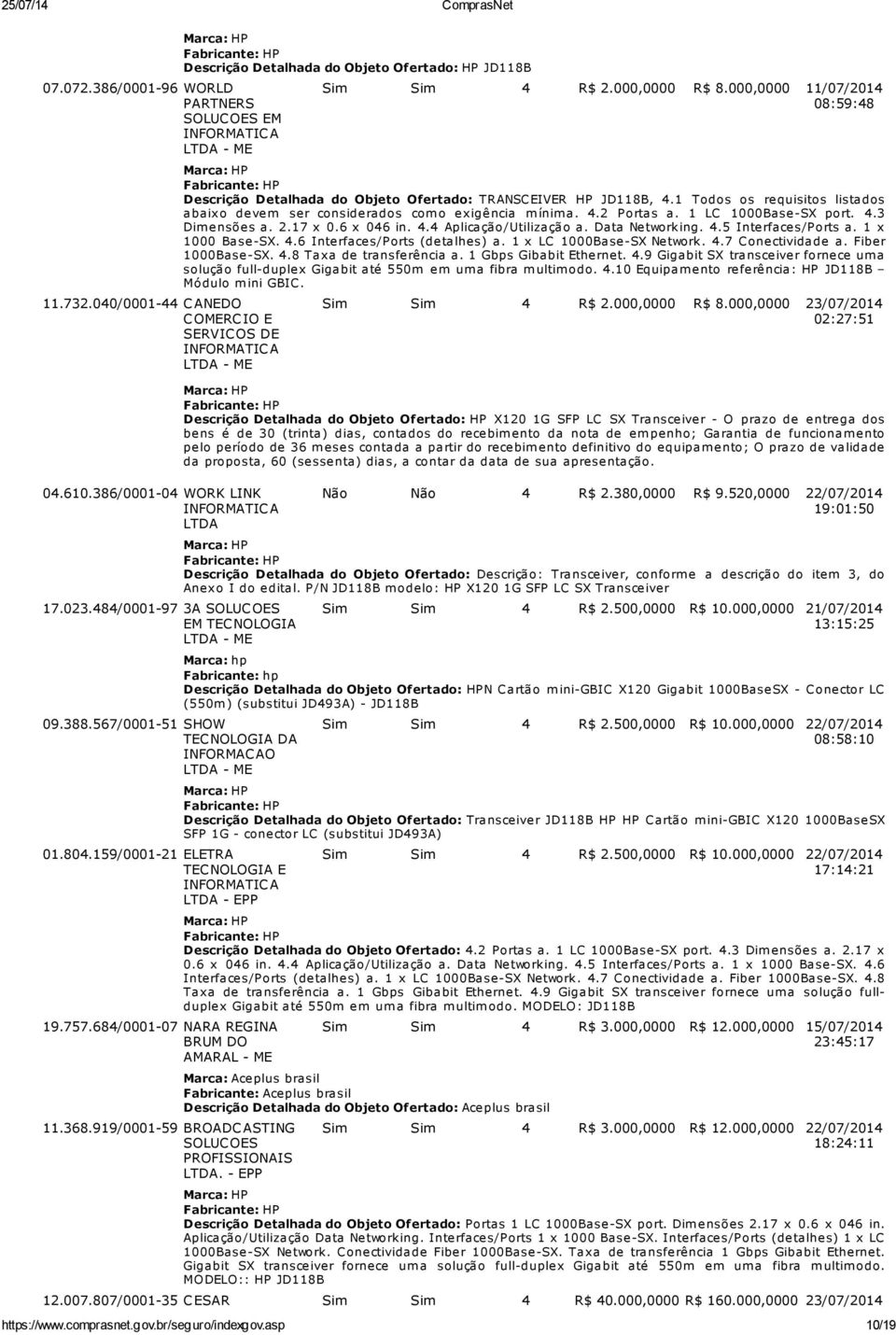 - EPP Descrição Detalhada do Objeto Ofertado: HP JD118B Sim Sim 4 R$ 2.000,0000 R$ 8.000,0000 11/07/2014 08:59:48 Descrição Detalhada do Objeto Ofertado: TRANSCEIVER HP JD118B, 4.