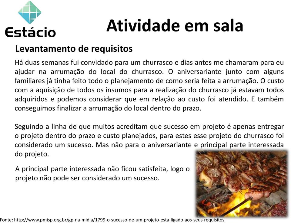 O custo com a aquisição de todos os insumos para a realização do churrasco já estavam todos adquiridos e podemos considerar que em relação ao custo foi atendido.