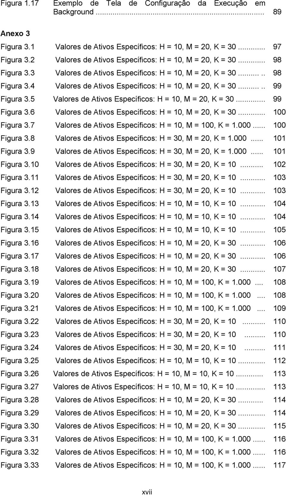 .... 99 Figura 3.5 Valores de Ativos Específicos: H = 10, M = 20, K = 30... 99 Figura 3.6 Valores de Ativos Específicos: H = 10, M = 20, K = 30... 100 Figura 3.