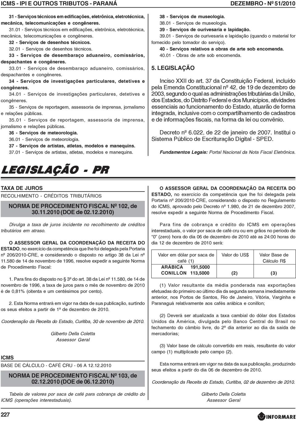 33 - Serviços de desembaraço aduaneiro, comissários, despachantes e 33.01 - Serviços de desembaraço aduaneiro, comissários, despachantes e 34 - Serviços de investigações particulares, detetives e 34.