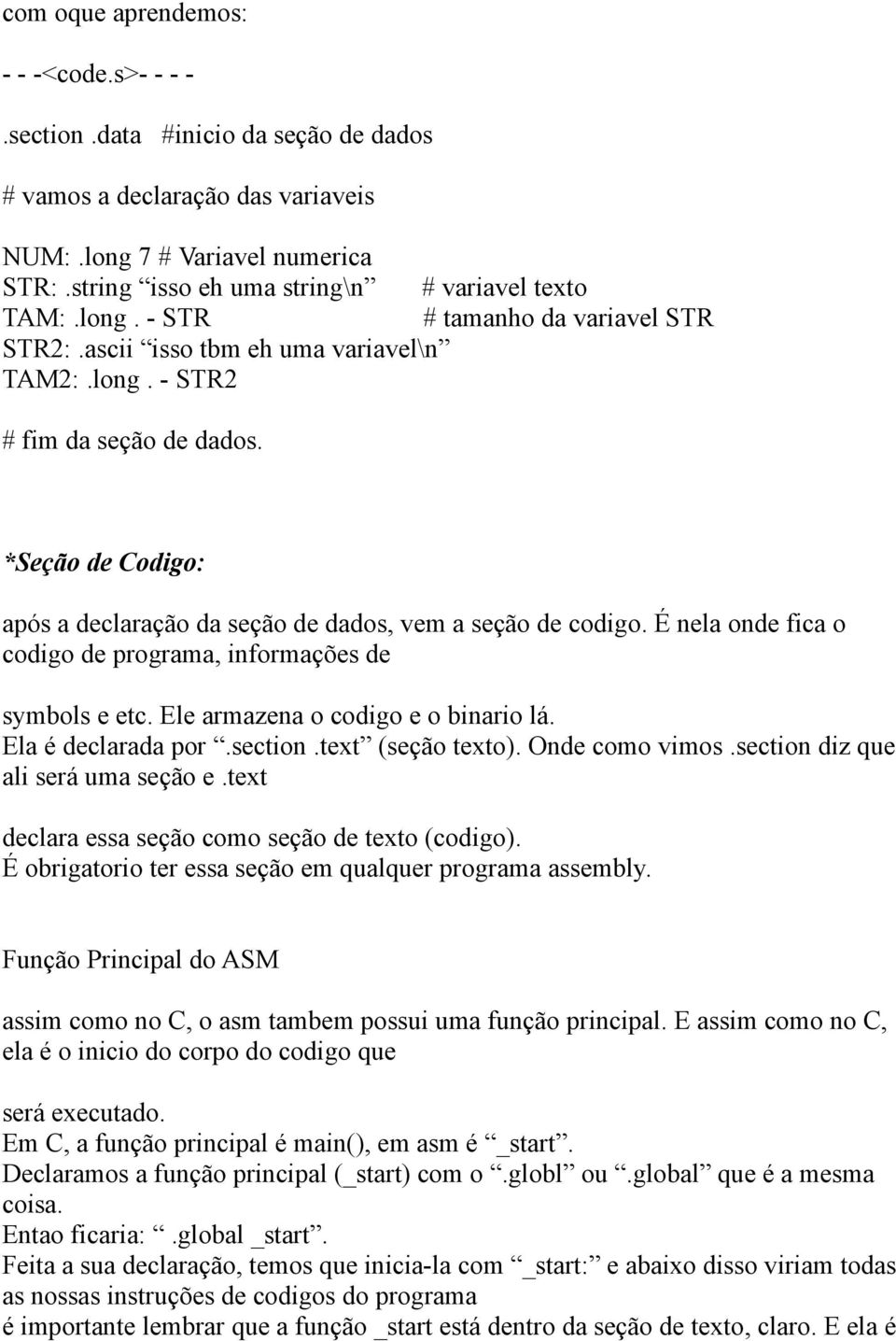 *Seção de Codigo: após a declaração da seção de dados, vem a seção de codigo. É nela onde fica o codigo de programa, informações de symbols e etc. Ele armazena o codigo e o binario lá.