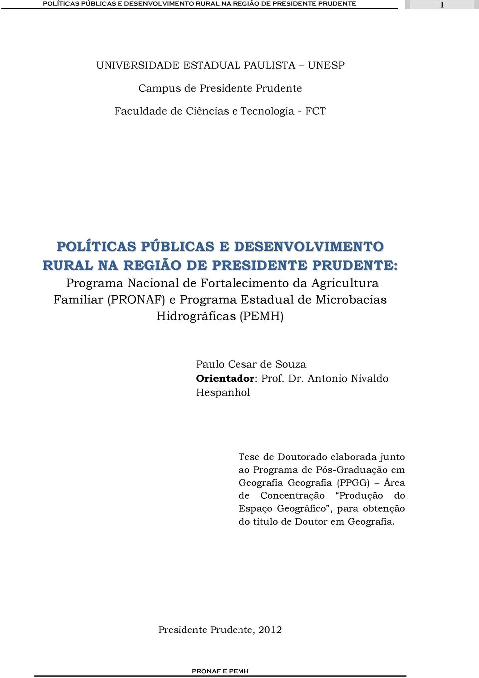 Hidrográficas (PEMH) Paulo Cesar de Souza Orientador: Prof. Dr.