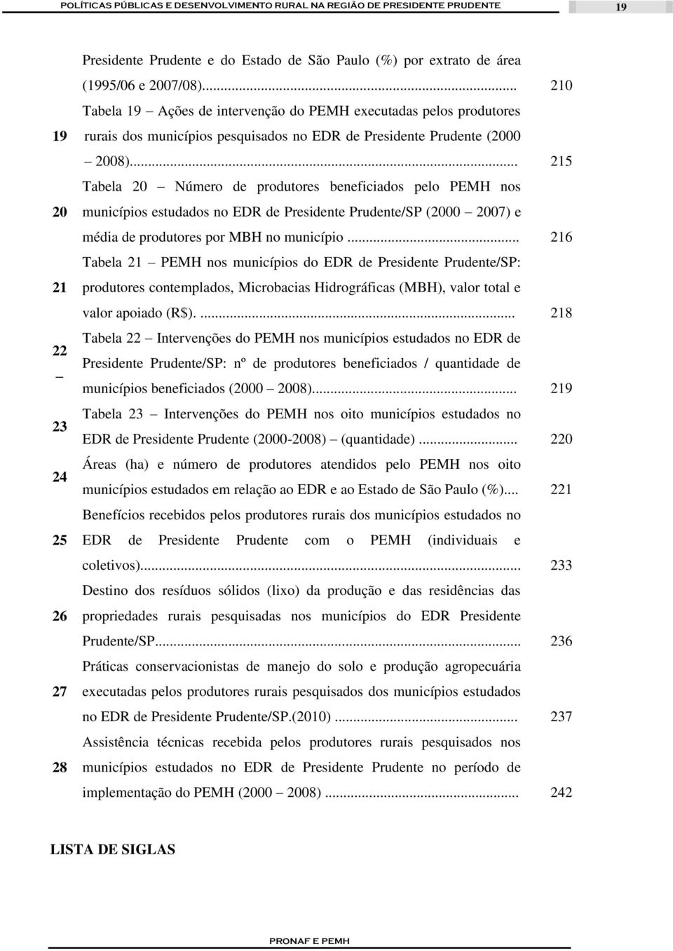.. 215 Tabela 20 Número de produtores beneficiados pelo PEMH nos municípios estudados no EDR de Presidente Prudente/SP (2000 2007) e média de produtores por MBH no município.
