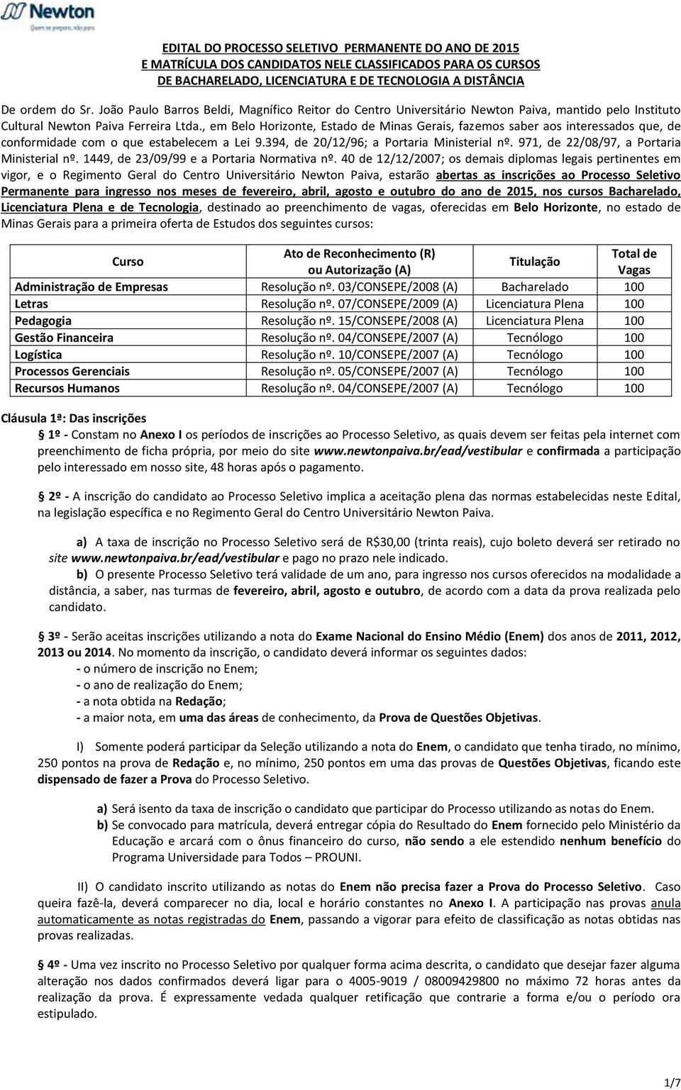 , em Belo Horizonte, Estado de Minas Gerais, fazemos saber aos interessados que, de conformidade com o que estabelecem a Lei 9.394, de 20/12/96; a Portaria Ministerial nº.