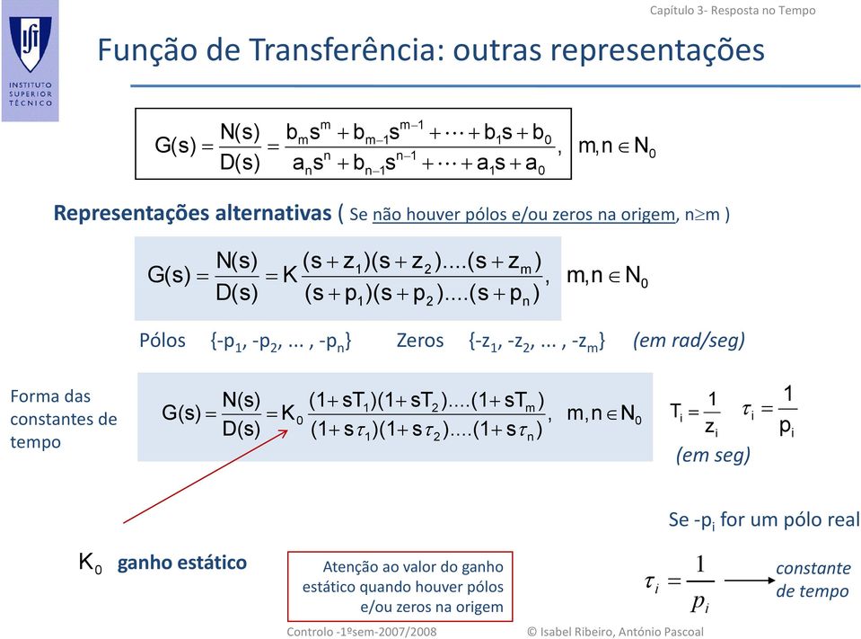 .., z m } (em rad/eg) Forma da cotate de tempo N() (+ T )(+ T )...(+ T G() K D() + m 0, m, N0 ( + τ )( + τ ).