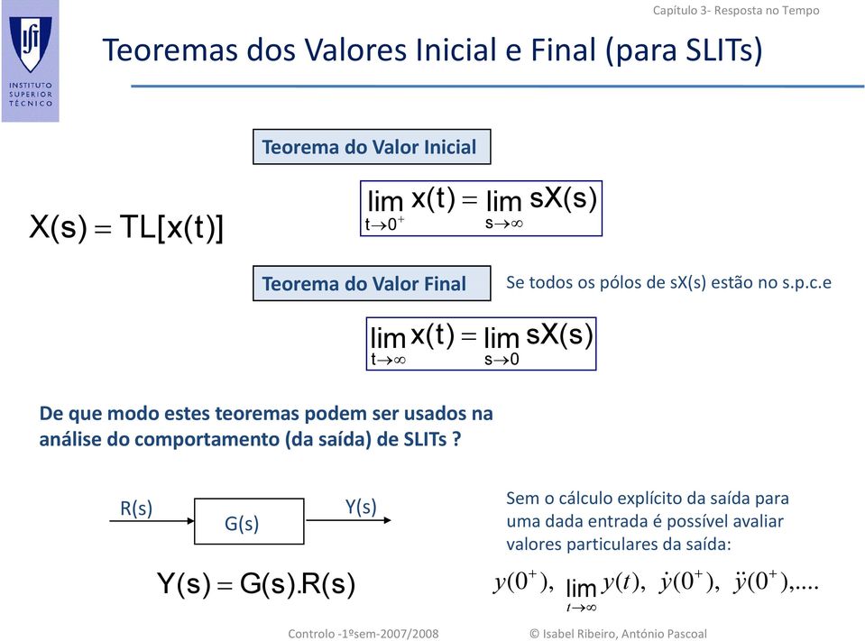 e lim x(t) t lim X() 0 De que modo ete teorema podem er uado a aálie do comportameto (da aída) de SLIT? R() Y() G() Y( () G().