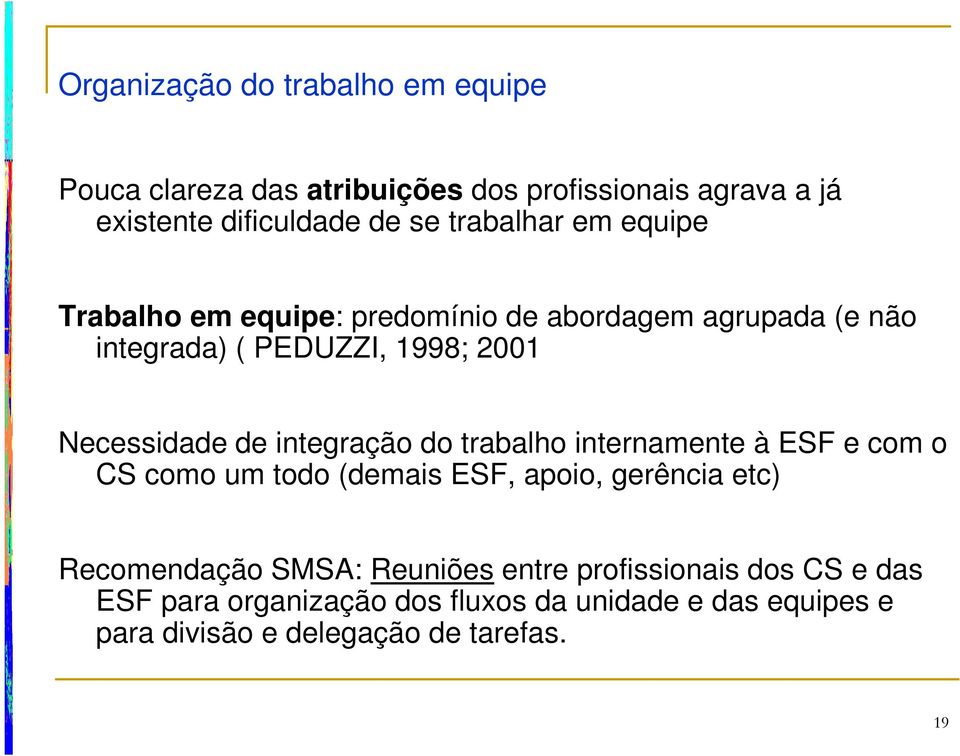 integração do trabalho internamente à ESF e com o CS como um todo (demais ESF, apoio, gerência etc) Recomendação SMSA: Reuniões