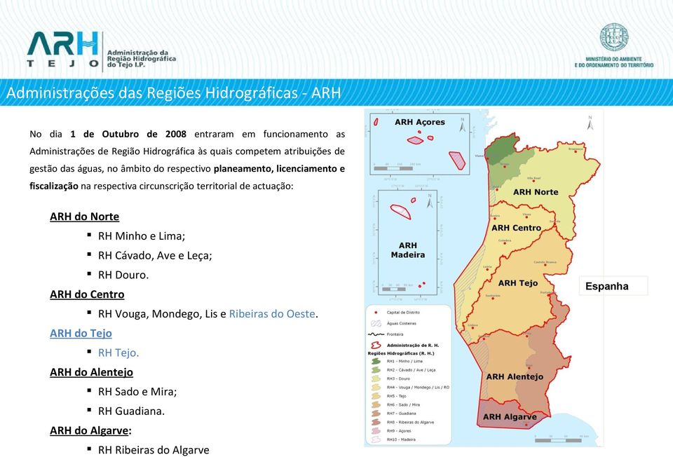 respectiva circunscrição territorial de actuação: ARH do Norte RH Minho e Lima; RH Cávado, Ave e Leça; RH Douro.