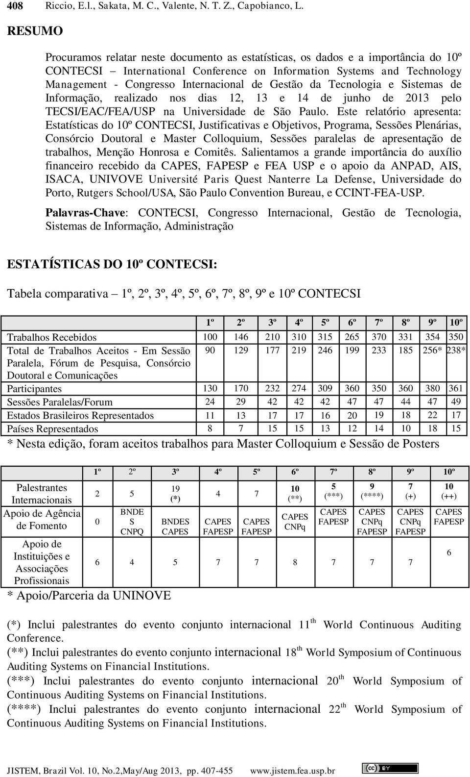 de Gestão da Tecnologia e Sistemas de Informação, realizado nos dias 12, 13 e 14 de junho de 2013 pelo TECSI/EAC/FEA/USP na Universidade de São Paulo.