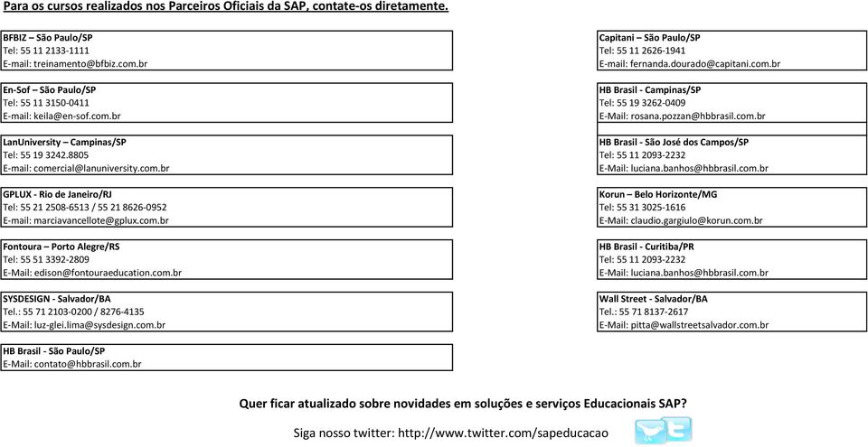 8805 Tel: 55 11 2093-2232 E-mail: comercial@lanuniversity.com.br E-Mail: luciana.banhos@hbbrasil.com.br GPLUX - Rio de Janeiro/RJ Korun Belo Horizonte/MG Tel: 55 21 2508-6513 / 55 21 8626-0952 Tel: 55 31 3025-1616 E-mail: marciavancellote@gplux.