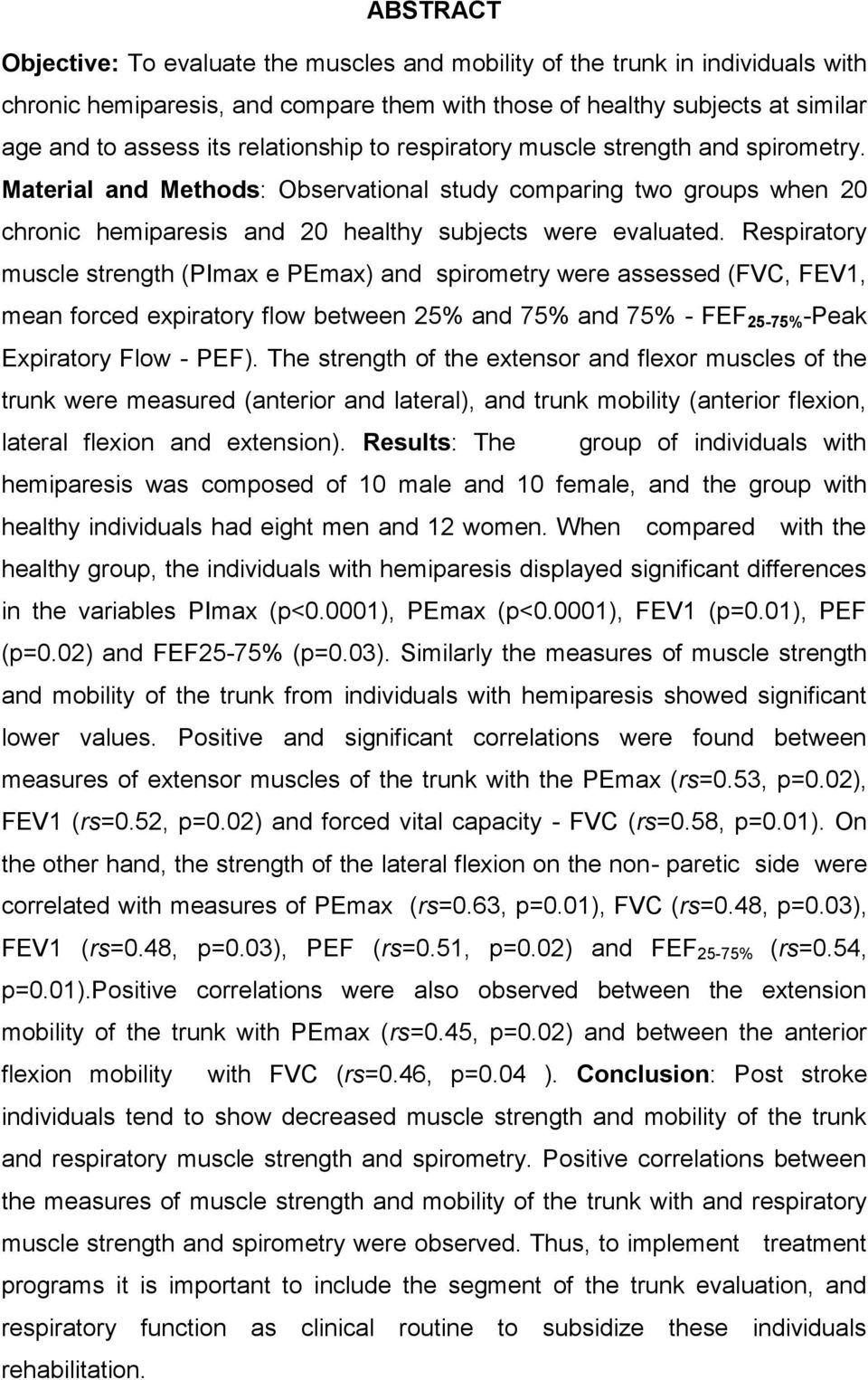 Respiratory muscle strength (PImax e PEmax) and spirometry were assessed (FVC, FEV1, mean forced expiratory flow between 25% and 75% and 75% - FEF 25-75% -Peak Expiratory Flow - PEF).