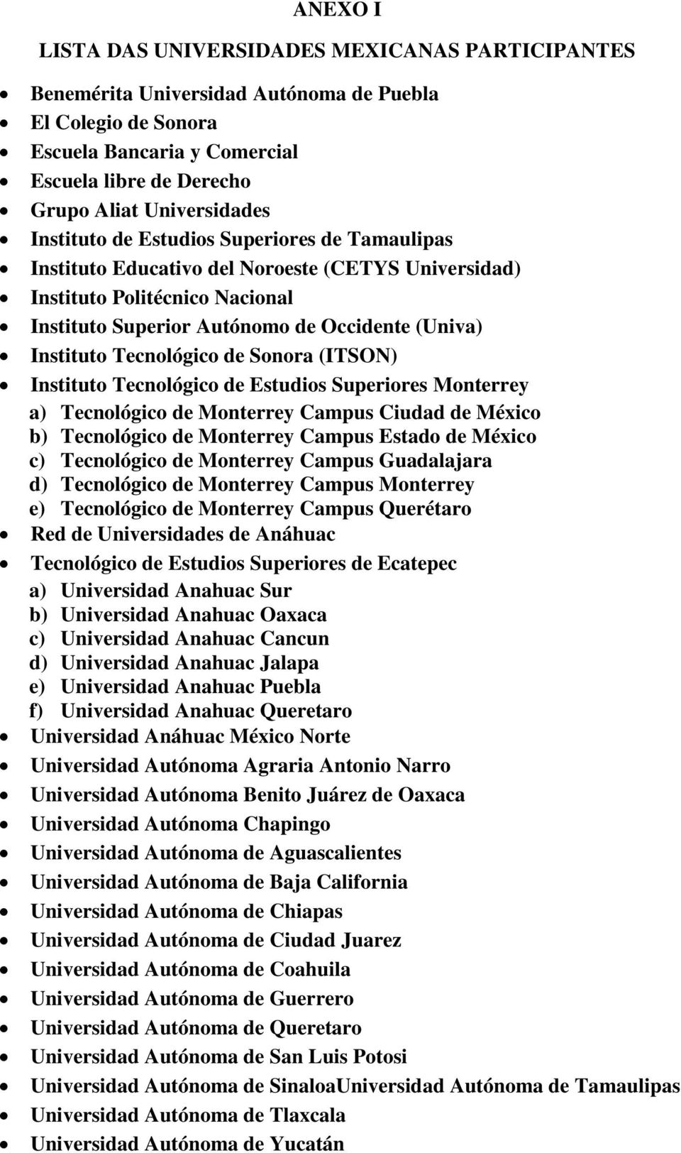 Tecnológico de Sonora (ITSON) Instituto Tecnológico de Estudios Superiores Monterrey a) Tecnológico de Monterrey Campus Ciudad de México b) Tecnológico de Monterrey Campus Estado de México c)