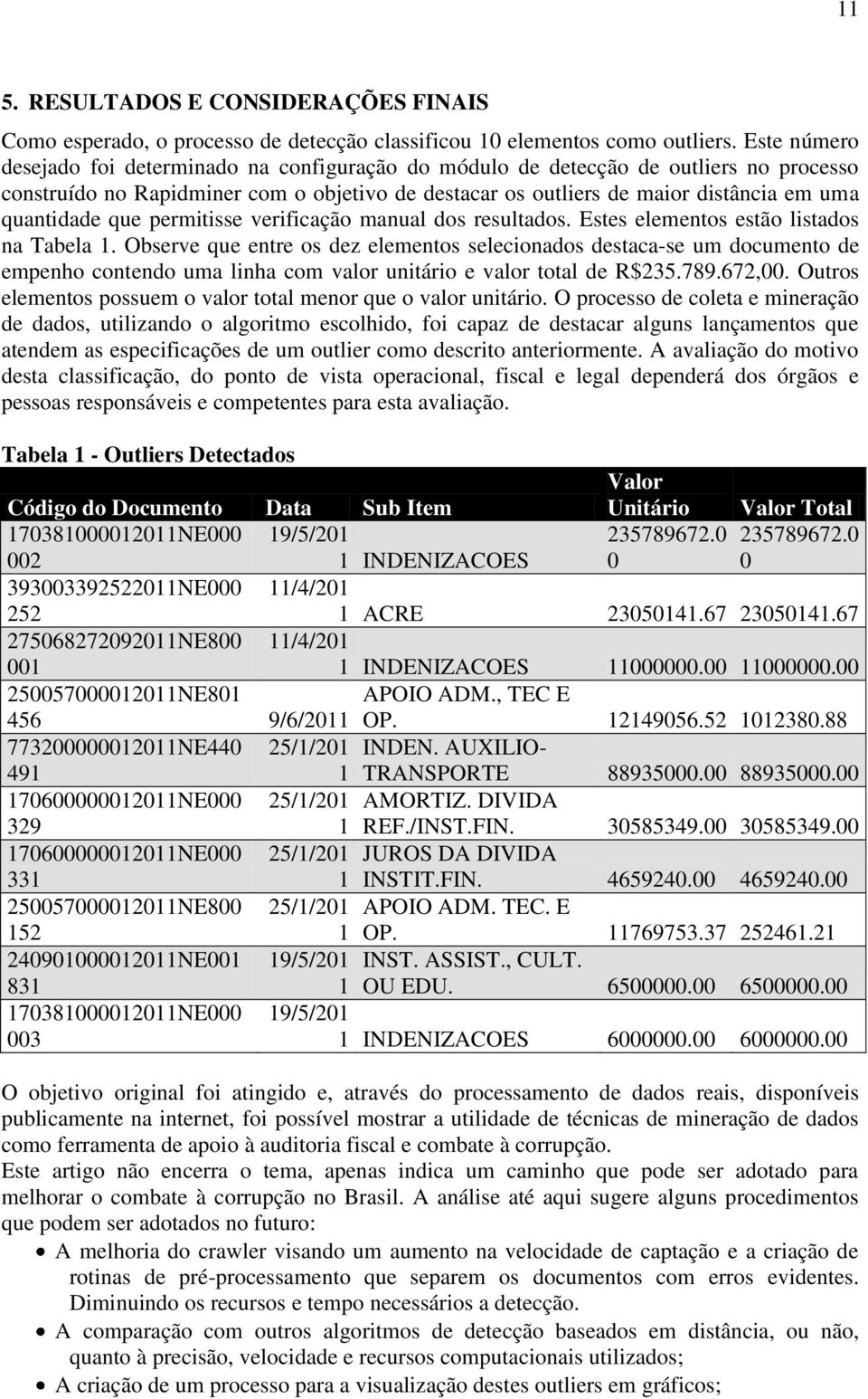 que permitisse verificação manual dos resultados. Estes elementos estão listados na Tabela 1.