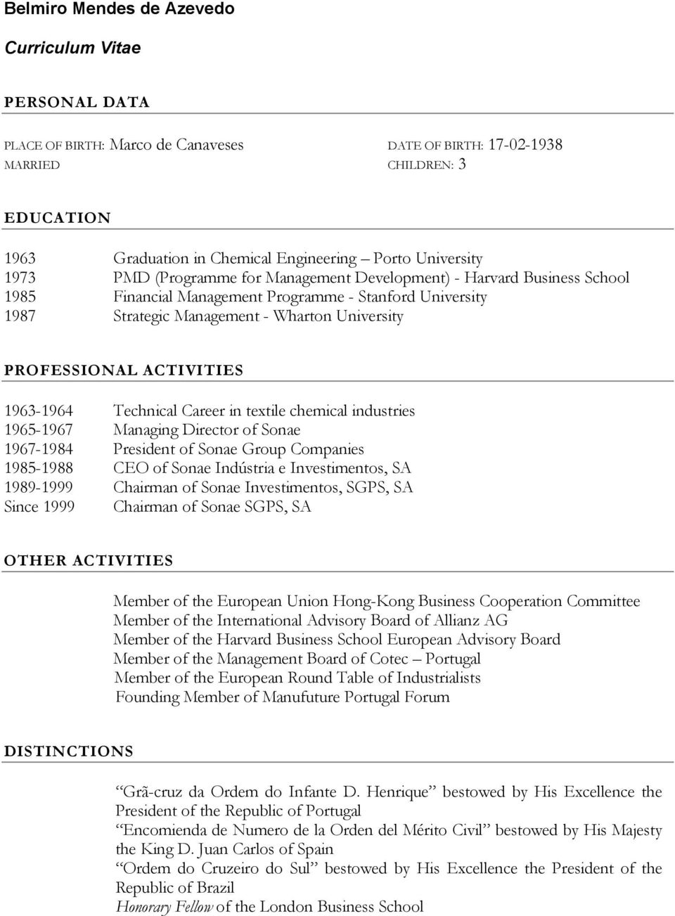 PROFESSIONAL ACTIVITIES 1963-1964 Technical Career in textile chemical industries 1965-1967 Managing Director of Sonae 1967-1984 President of Sonae Group Companies 1985-1988 CEO of Sonae Indústria e