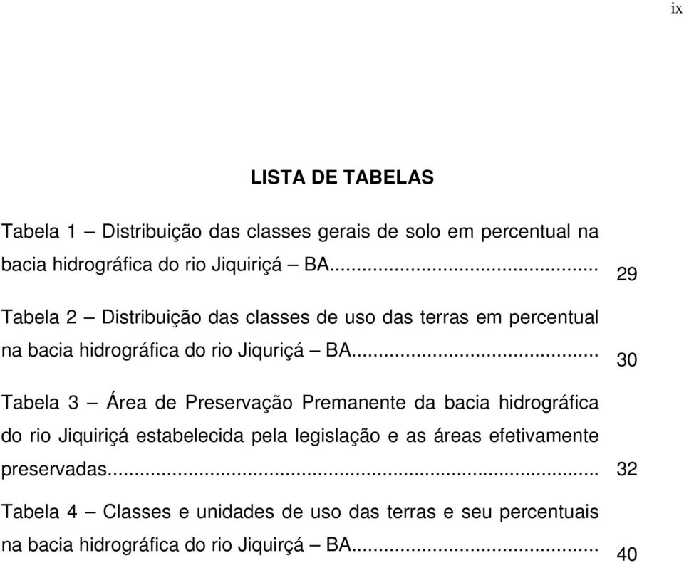 .. 29 30 Tabela 3 Área de Preservação Premanente da bacia hidrográfica do rio Jiquiriçá estabelecida pela legislação e as