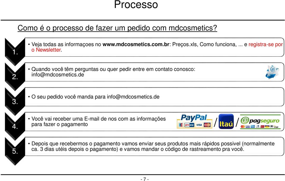 O seu pedido você manda para info@mdcosmetics.de 4. Você vai receber uma E-mail de nos com as informações para fazer o pagamento / / 5.