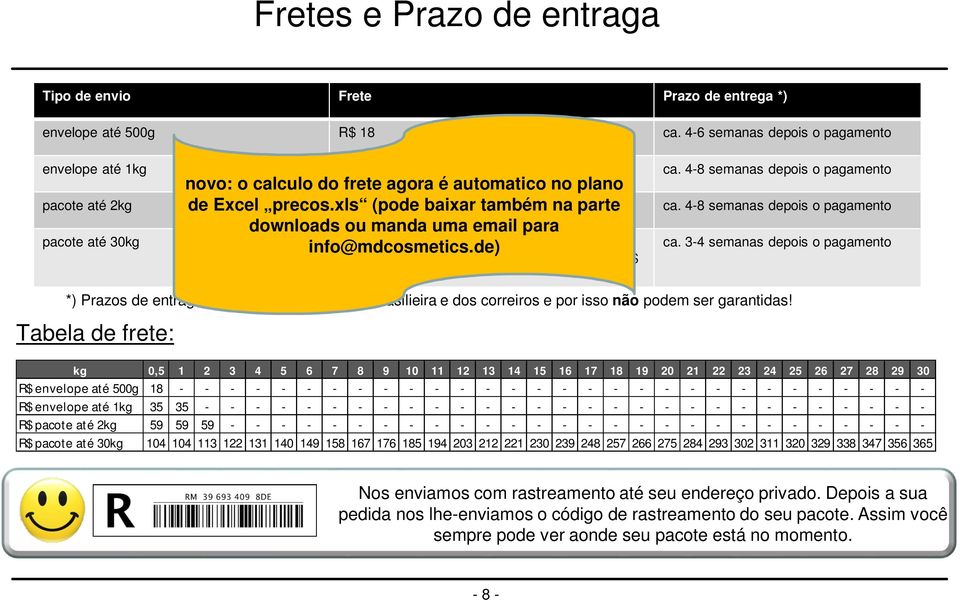 3-4 semanas depois o pagamento *) Prazos de entraga dependem da alfândega brasilieira e dos correiros e por isso não podem ser garantidas!