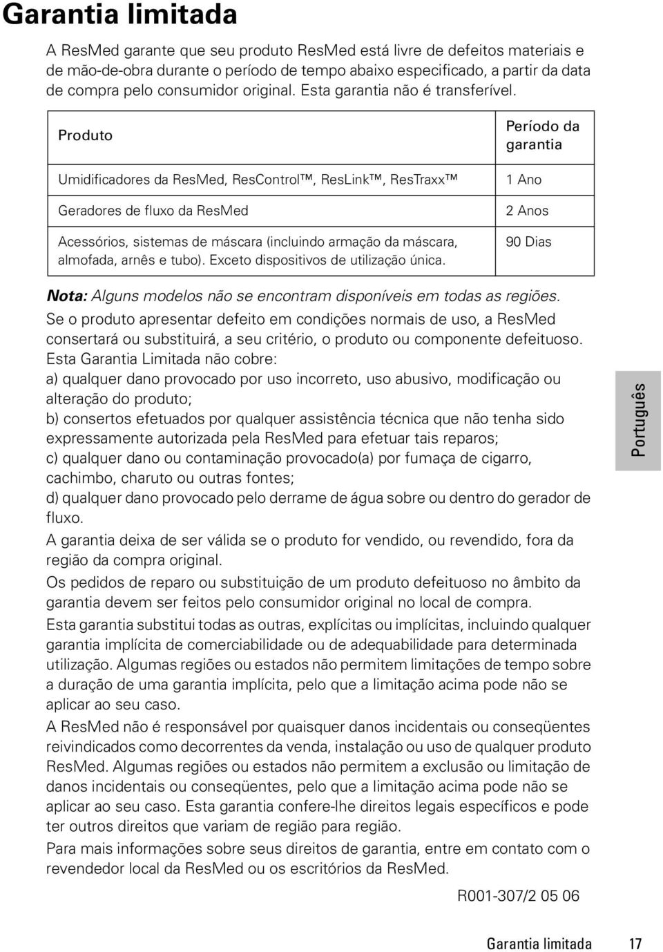 Produto Umidificadores da ResMed, ResControl, ResLink, ResTraxx Geradores de fluxo da ResMed Acessórios, sistemas de máscara (incluindo armação da máscara, almofada, arnês e tubo).