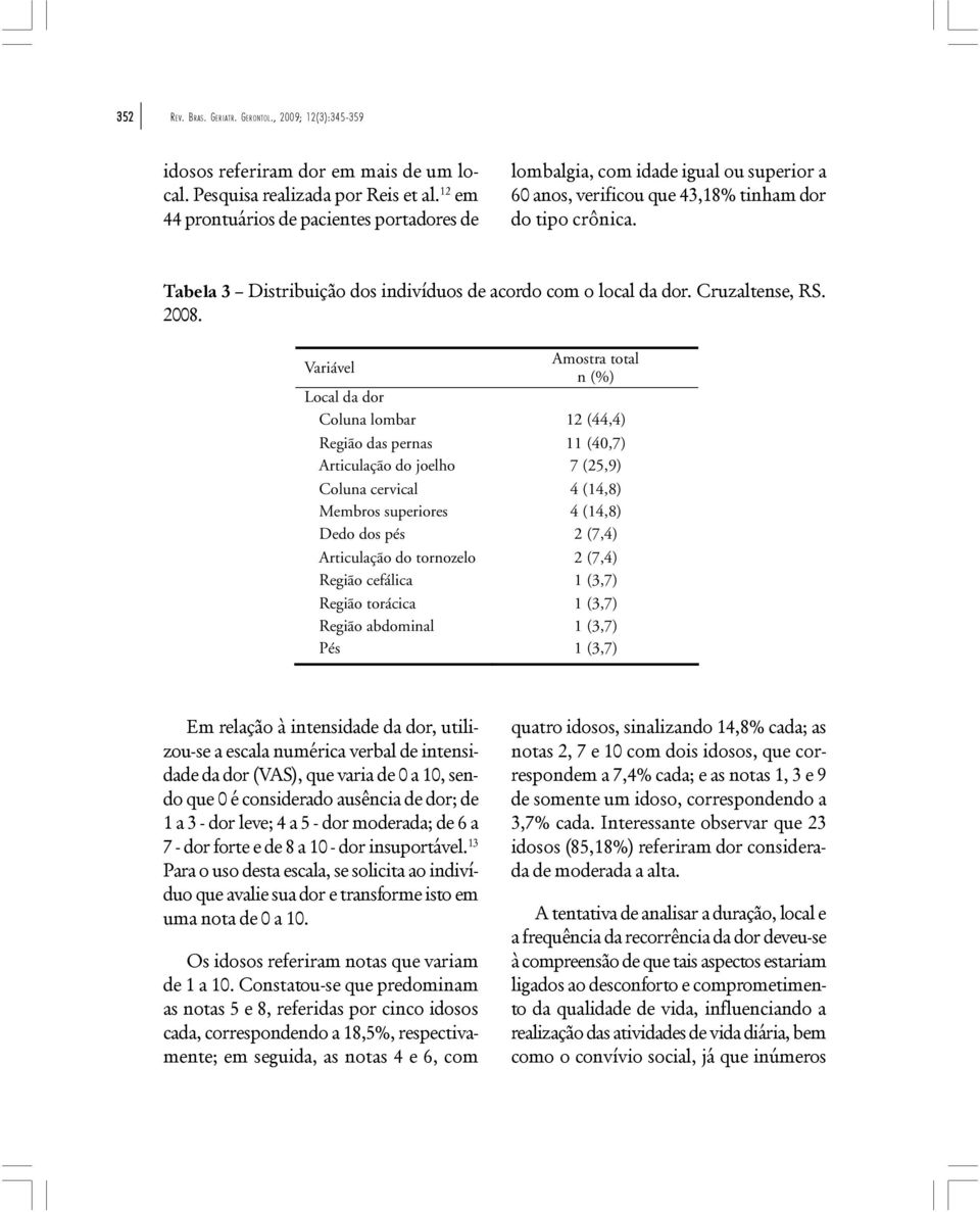 Tabela 3 Distribuição dos indivíduos de acordo com o local da dor. Cruzaltense, RS. 2008.