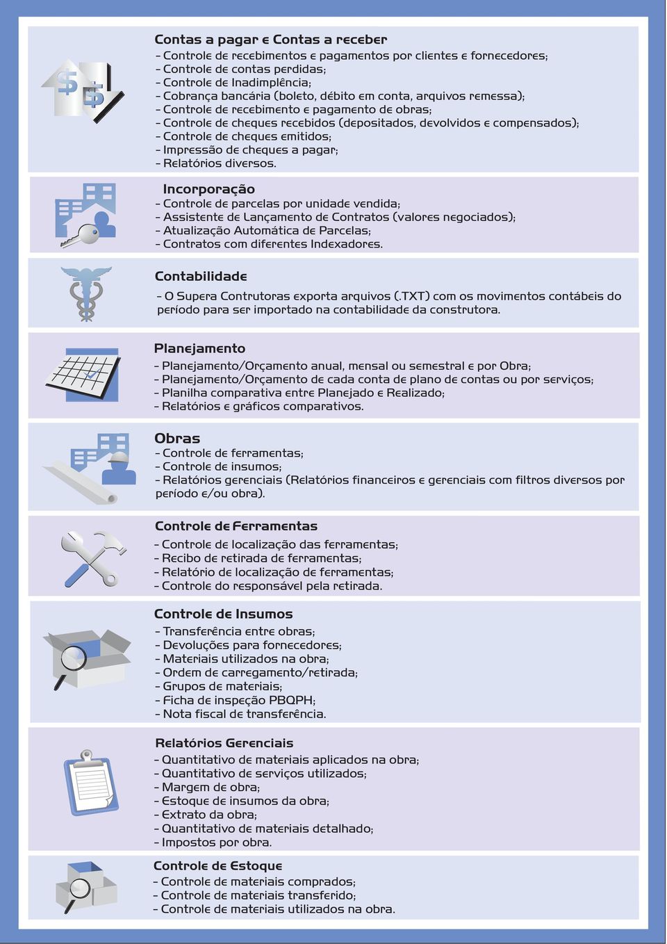 cheques a pagar; - Relatórios diversos.