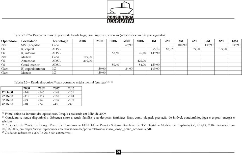 76,40 149,90 Net Manaus Cabo 119,90 Oi Amazonas ADSL 219,90 429,90 Oi Ceará-interior ADSL 59,40 84,90 159,90 Claro RJ capital/interior 3G 59,90 84,90 119,90 Claro Manaus 3G 59,90 Tabela 2.