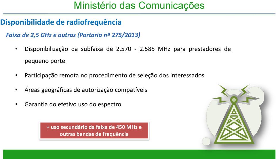 585 MHz para prestadores de pequeno porte Participação remota no procedimento de seleção dos