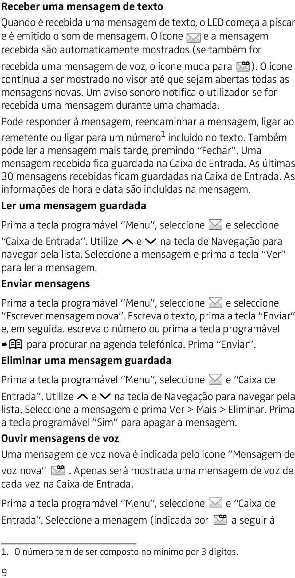 O ícone continua a ser mostrado no visor até que sejam abertas todas as mensagens novas. Um aviso sonoro notifica o utilizador se for recebida uma mensagem durante uma chamada.