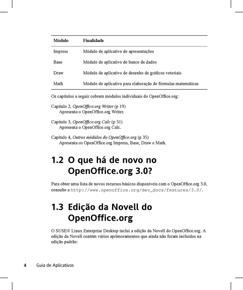 org Calc (p 31) Apresenta o OpenOffice.org Calc. Capítulo 4, Outros módulos do OpenOffice.org (p 35) Apresenta os OpenOffice.org Impress, Base, Draw e Math. 1.2 O que há de novo no OpenOffice.org 3.0?