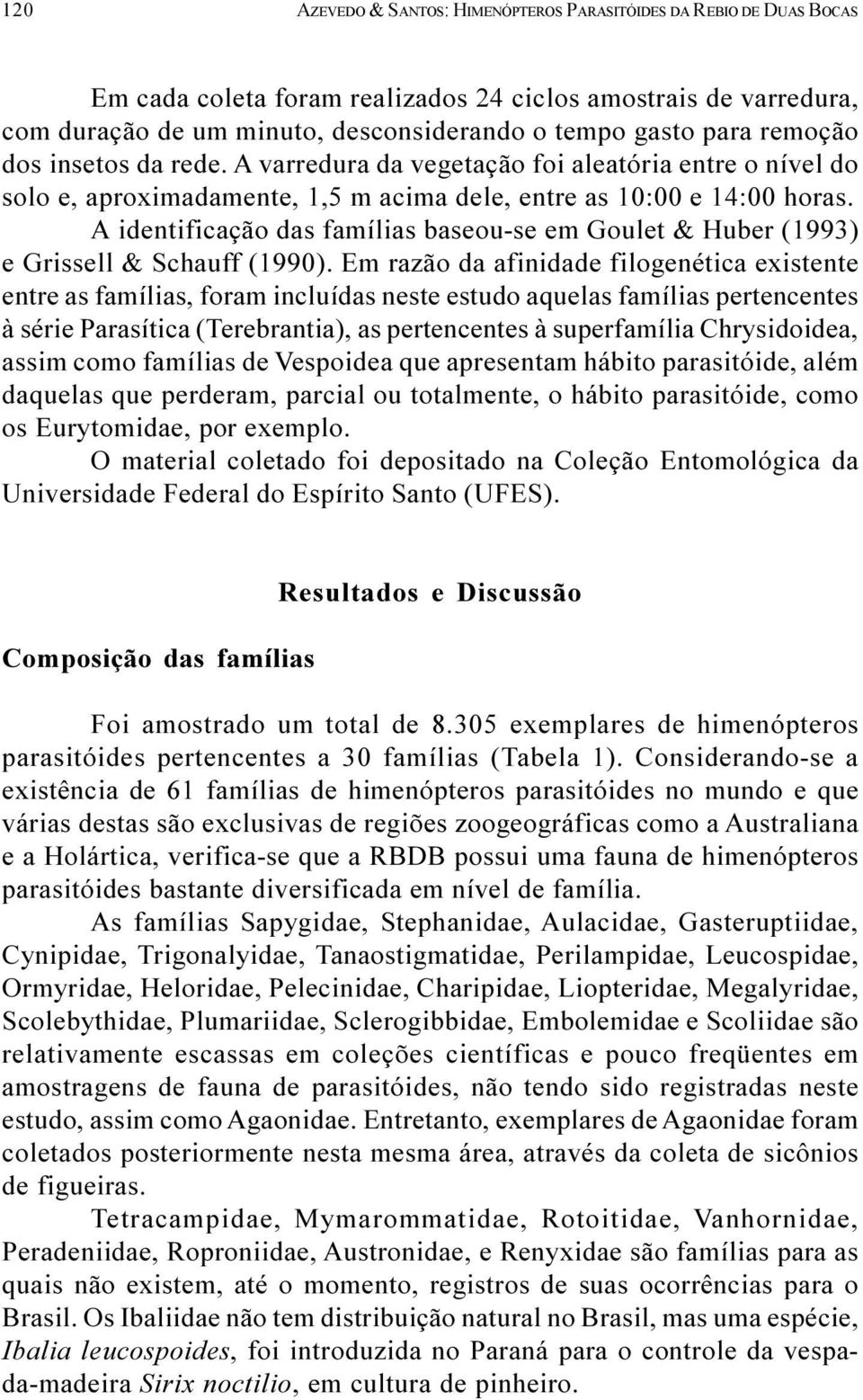 A identificação das famílias baseou-se em Goulet & Huber (1993) e Grissell & Schauff (1990).