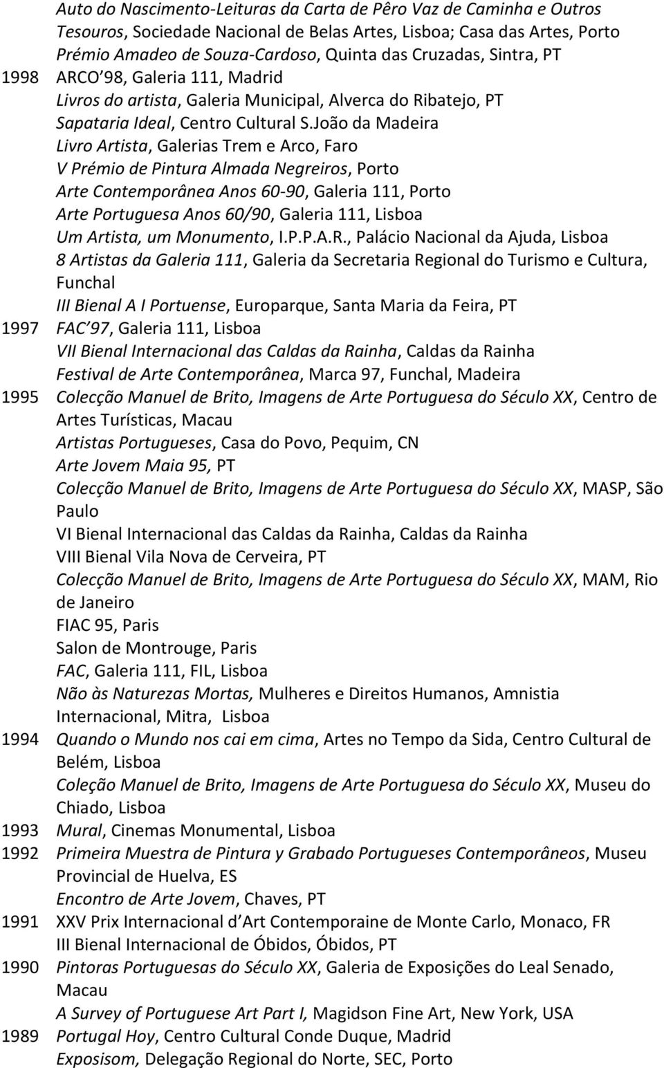 João da Madeira Livro Artista, Galerias Trem e Arco, Faro V Prémio de Pintura Almada Negreiros, Porto Arte Contemporânea Anos 60-90, Galeria 111, Porto Arte Portuguesa Anos 60/90, Galeria 111, Lisboa