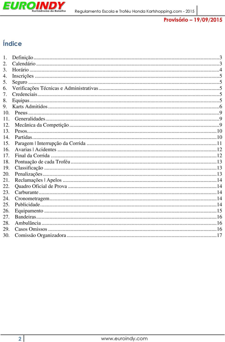 Avarias Acidentes...12 17. Final da Corrida...12 18. Pontuação de cada Troféu...13 19. Classificação...13 20. Penalizações...13 21. Reclamações Apelos...14 22.