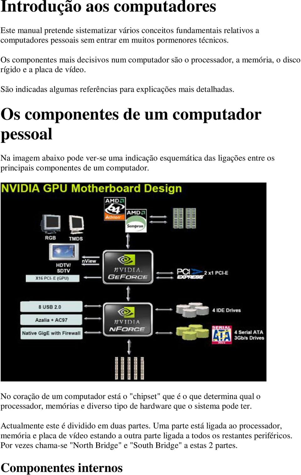 Os componentes de um computador pessoal Na imagem abaixo pode ver-se uma indicação esquemática das ligações entre os principais componentes de um computador.