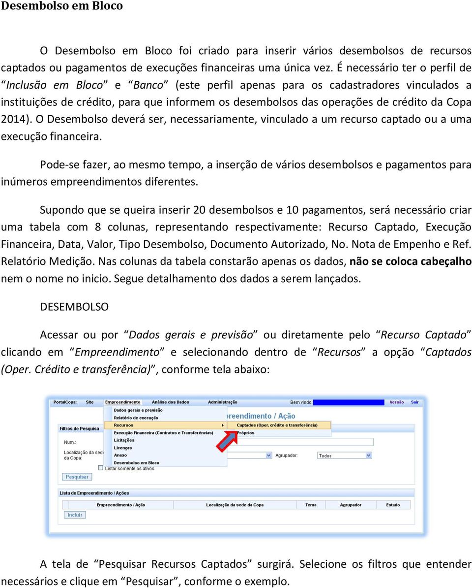 Copa 2014). O Desembolso deverá ser, necessariamente, vinculado a um recurso captado ou a uma execução financeira.