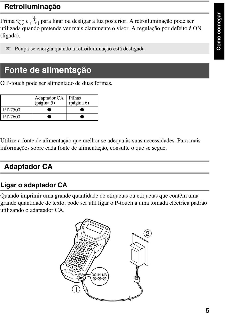 Adaptador CA (página 5) Pilhas (página 6) Conjunto de pilhas recarregáveis* (página 7) PT-7500 - PT-7600 *O conjunto de pilhas recarregáveis é um produto consumível.