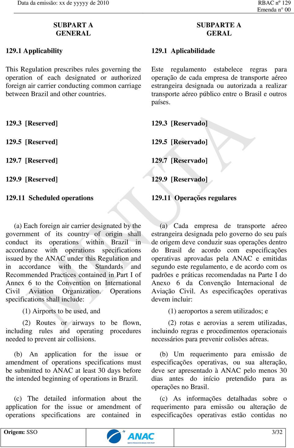 Este regulamento estabelece regras para operação de cada empresa de transporte aéreo estrangeira designada ou autorizada a realizar transporte aéreo público entre o Brasil e outros países. 129.