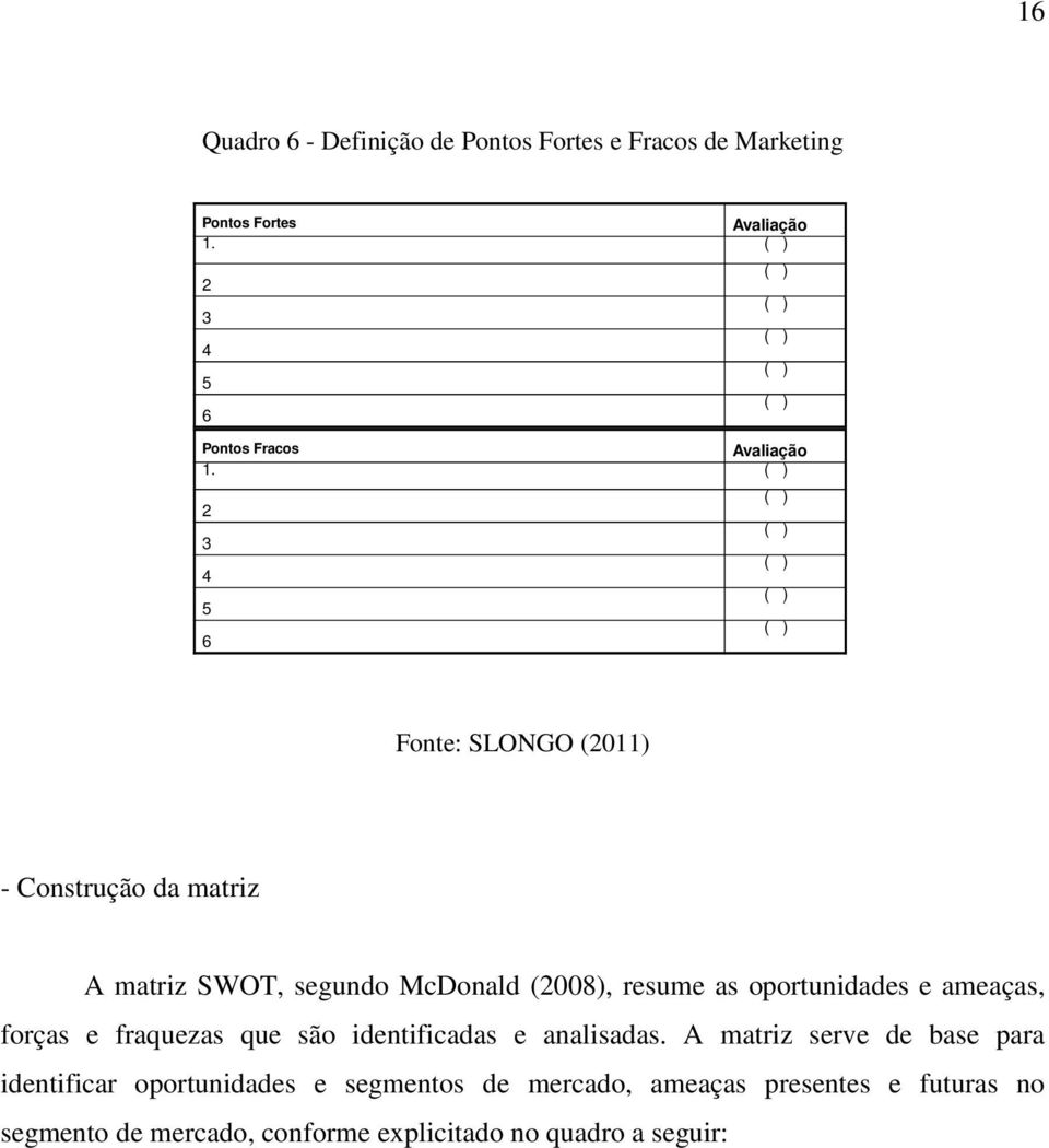 2 3 4 5 6 Fonte: SLONGO (2011) - Construção da matriz A matriz SWOT, segundo McDonald (2008), resume as oportunidades e