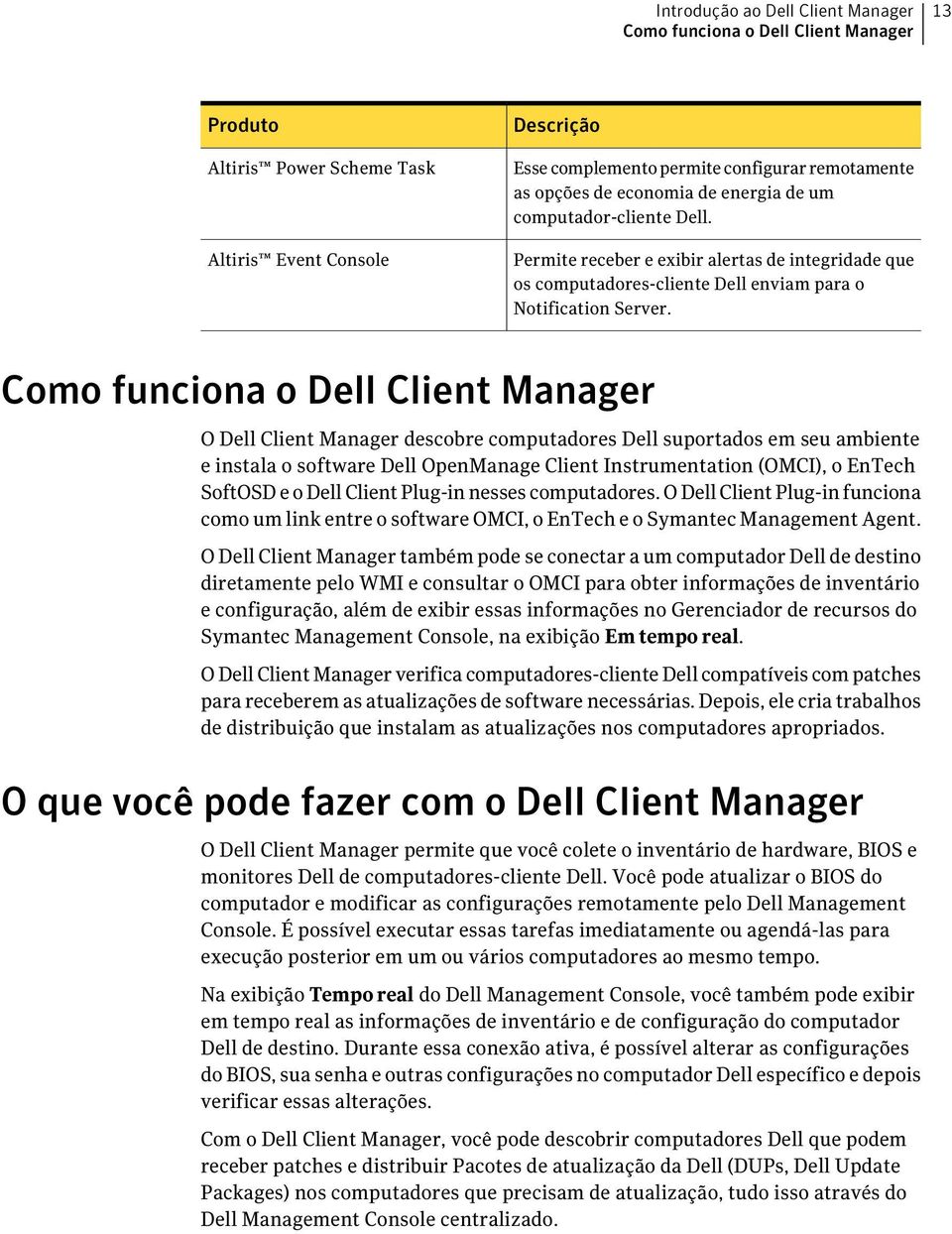 Como funciona o Dell Client Manager O Dell Client Manager descobre computadores Dell suportados em seu ambiente e instala o software Dell OpenManage Client Instrumentation (OMCI), o EnTech SoftOSD e