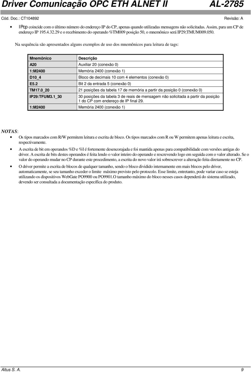 Na sequência são apresentados alguns exemplos de uso dos mnemônicos para leitura de tags: Mnemônico Descrição A20 Auxiliar 20 (conexão 0) 1:M2400 Memória 2400 (conexão 1) D10_4 Bloco de decimais 10