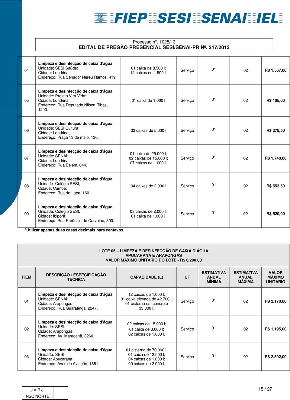 000 l Serviço 01 02 R$ 278,50 07 Unidade: SENAI; Endereço: Rua Belém, 844. 01 caixa de 25.000 l; 02 caixas de 15.000 l; 07 caixas de 1.000 l. Serviço 01 02 R$ 1.