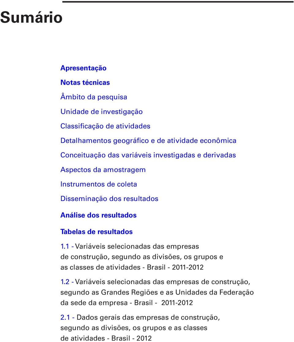 1 - Variáveis selecionadas das empresas de construção, segundo as divisões, os grupos e as classes de atividades - Brasil - 2011-2012 1.