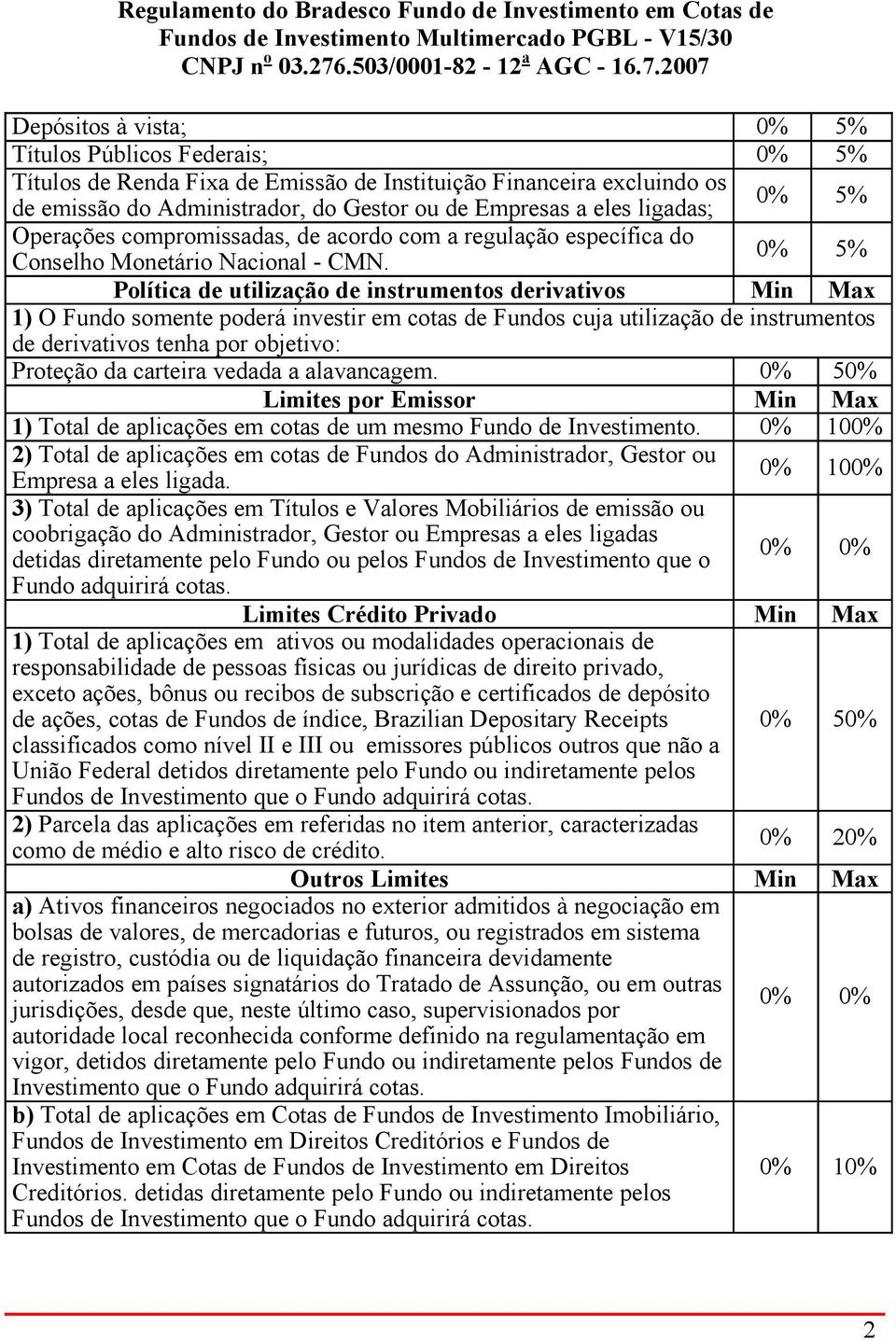 0% 5% Política de utilização de instrumentos derivativos Min Max 1) O Fundo somente poderá investir em cotas de Fundos cuja utilização de instrumentos de derivativos tenha por objetivo: Proteção da