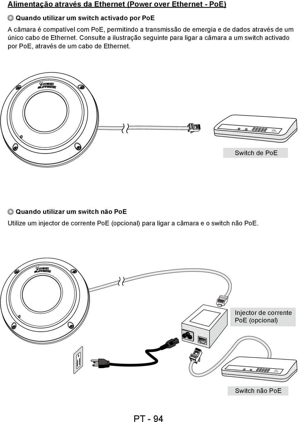 Ethernet. Consulte a ilustração seguinte para ligar a câmara a um switch activado por PoE, através de um cabo de Ethernet.