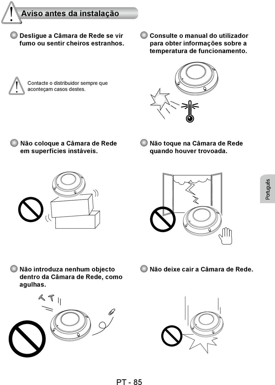 Contacte o distribuidor sempre que aconteçam casos destes. Não coloque a Câmara de Rede em superfícies instáveis.